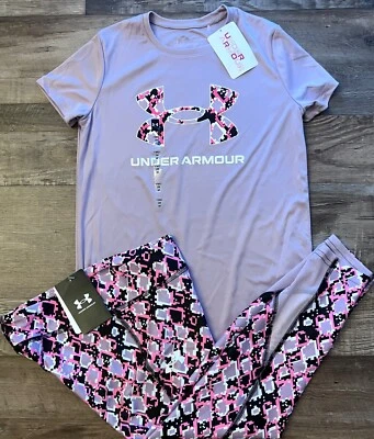 NWT Under Armour YLG Girls Pink/Black/White Print Ankle Leggings Set - Image 1 of 4