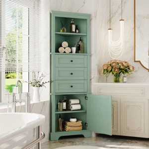 Green Triangle Tall Cabinet with 3 Drawers and Adjustable Shelves, MDF Board - Picture 1 of 24