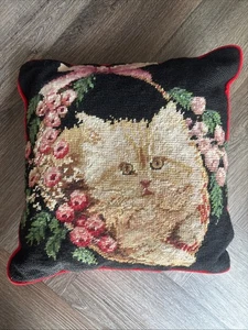 Vintage Needlepoint Cat Pillow With Red Velvet Back Pink Flowers And Bows - Picture 1 of 2