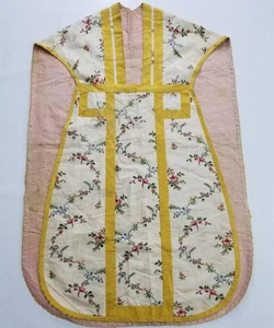 Antike 18. Jh. Französische Blumen Seide Brokat Katholisch Priester Messgewand 111x72cm - Bild 1 von 12