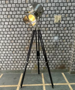 Chrome Nautical Spotlight Floor Lamp Black Wood Tripod Industrial Decor Light - Picture 1 of 7