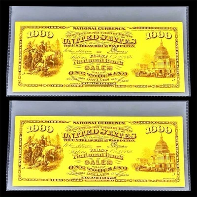 LOT X 2 1875 $1000 BILL US 24K GOLD BANKNOTES IN PROTECTIVE SLEEVE W COA - Image 1 of 4
