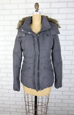 Vtg Abercrombie & Fitch Faux Fur Hooded Puffer Down Jacket Womens S Grey Y2K - Image 1 of 4