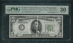 $5 1934 FRN Philadelphia Error Note –Gutter Fold –PMG 30 –Fancy SN + Gift! U122A - Picture 1 of 4
