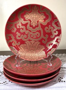 Set of 4 Pottery Barn CHINOISE Round 7” Desert/Pie Plates Red & Gold - Picture 1 of 10