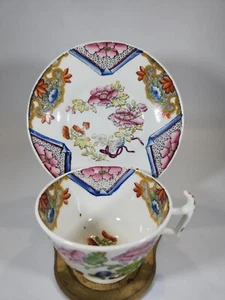 Antikes polychromes Transfergeschirr Staffordshire weiche Paste Tasse & Untertasse  - Bild 1 von 14