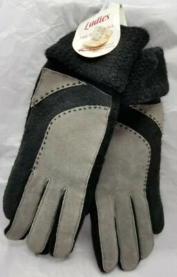Ladies VTG faux leather gloves 100% Acrylic Knit one size fits all Black/Gray — 第 1/4 张图片