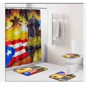 Puerto Rico Flag Shower Curtain Bathroom Rug Non-Slip Bath Mat Toilet Lid Cover - Picture 1 of 4