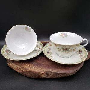 Rembrandt Cup Saucer Set for 2 Green Floral Gold Trim Vintage Japan - Picture 1 of 13