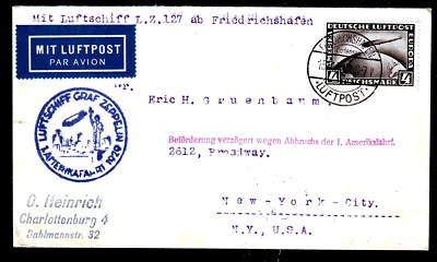 Zeppelin 1929, 1.Amerikafahrt 15.5.,Verzögerungsstpl. mit DR 424, Sieger 26 A - Bild 1 von 2