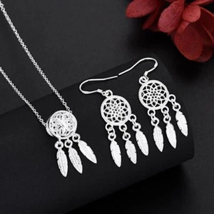 925 Sterling Silver Charm Necklace Earring Jewelry for Women Retro Set Wedding - Picture 1 of 24