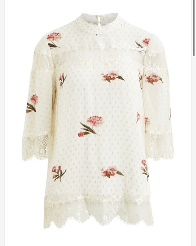 OFF WHITE Camicetta Vila Off White maculata floreale pizzo collo alto trasparente manica 3 4 taglia 10