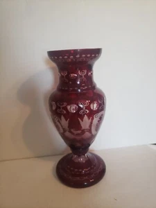 Antique Czech Bohemian Engraved Ruby Glass Vase 19th Century - Picture 1 of 5