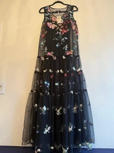 Johnny Was Lilliana Mesh Dress M Black Embroidered Floral Sleeveless W/Slip $435 - Picture 1 of 11