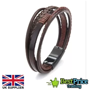 Men's Leather Multilayer Braid Bracelet Black / Brown Wristband Bangle Cuff Gift - Picture 1 of 6