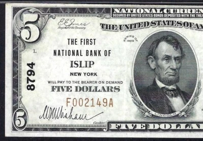 🇺🇸 NY 1929 $5 ♚♚ISLIP, NEW YORK♚♚ PMG EX FINE 40 EPQ HARD TO FIND!!! - Image 1 of 3
