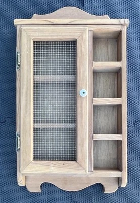 Vintage Primitive Raw Wood Spice Rack Wall Cabinet Mesh Door Curio Display 27” - Image 1 of 4