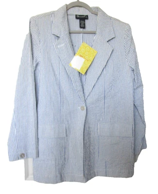 DENIM & CO. WOMENS PREPPY BLUE & WHITE SEERSUCKER BLAZER POCKETS SIZE M - NEW - Image 1 of 4