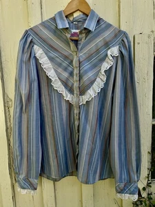 Blusa de Colección Años 70 Millie Pradera Occidental Ojales Encaje Rayas Camisa Vaquera L/XL - Imagen 1 de 15