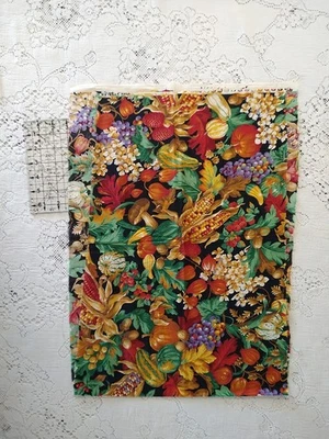 Vintage Joan Kessler Fall Harvest Fruit Florals Berries Corn Black Cotton Fabric - Image 1 of 4