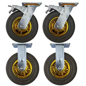 4pcs Set Rubber Caster Wheel 8inch Industrial Rough Terrain 2Swivel&Lock+2Fixed - Picture 1 of 12