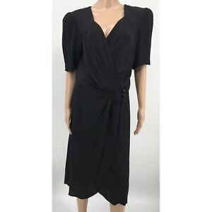 Vintage 80s Phoebe Short Sleeve Black Wrap Dress Large Shoulder Pads Size Medium