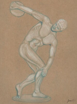 Figura desnuda masculina dibujo lápiz color pastel artista Jerome Cadd disco griego Foto 1 de 3