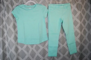 Girls Outfit MINT GREEN S/S T-SHIRT Solid Color JEGGINGS PANTS Size L 12-14 - Picture 1 of 5