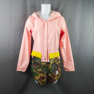 Abrigo de lluvia Herschel para mujer chaqueta pequeña rosa camuflada con capucha a presión largo Foto 1 de 4