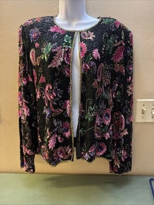 Laurence Kazar Black Silk Sequin Jacket Beaded Paisley Size XXL Vintage Y2K EUC - Picture 1 of 11