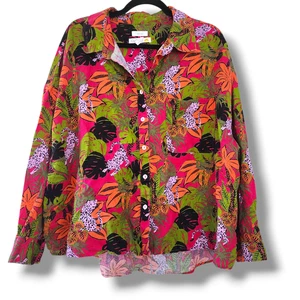 C&C California 100% linen button down shirt blouse magenta tropical print 2X new - Picture 1 of 8