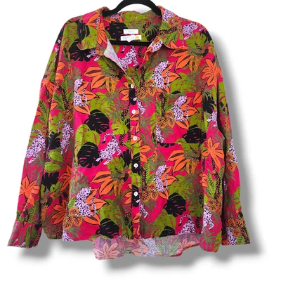 C&C California 100% linen button down shirt blouse magenta tropical print 2X new - Image 1 of 4