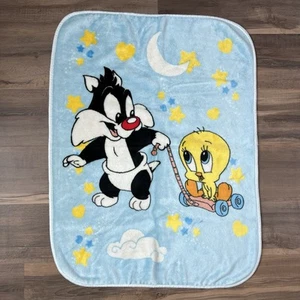 Vintage 90's Baby Looney Tunes Sylvester & Tweety Blue Plush Blanket - Blue - Picture 1 of 9
