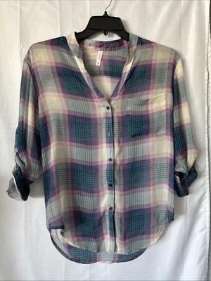 Women’s Xhilaration Sheer Plaid V Neck Button down Long Sleeve Blouse Small - Image 1 of 4