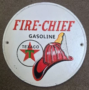 Texaco Schild Benzin Feuerwehrmann Gusseisen Patina Plakette Feuerwehrmann 9" Fire Chief - Bild 1 von 2