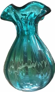 Art Glass Hand Blown Vase Twist Swirl Ribbed Sides Ruffle Top Deep Teal 6 x 4 - Picture 1 of 15