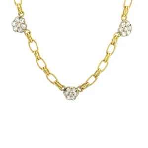 Diamond Gold Necklace Floral Motifs 18k Two Tone Wire Oval Link Stations - Picture 1 of 7