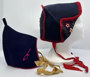 2 Vintage Child Cap Hats with Embroidered Folk Art Designs and Ribbon Ties Japan - Picture 1 of 19
