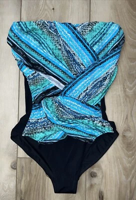 Gottex Women 1 Pc Contour Swimsuit Bandeau Teal Blue Abstract Bandeau Size 8 NEW - Image 1 of 4