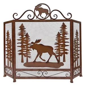 Pantalla de chimenea de 3 paneles con diseño de alce en el bosque - Imagen 1 de 7