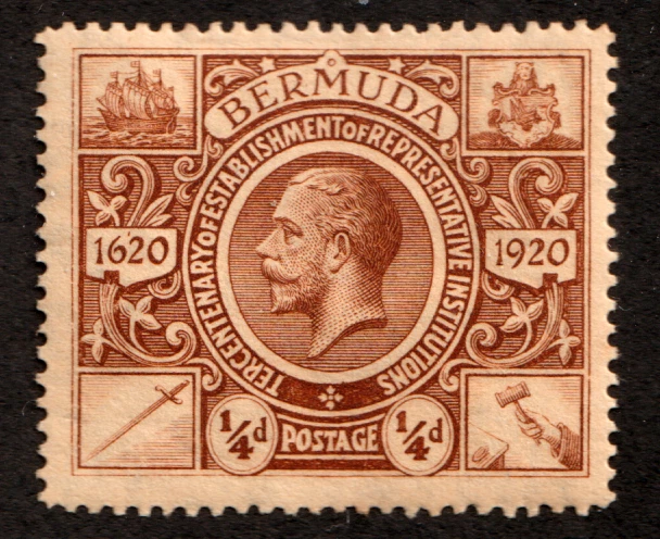 Bermudas 1920 Sc #71 - 1/4d KGV, Tercentenario de Institución - Sello postal MH. Foto 1 de 1