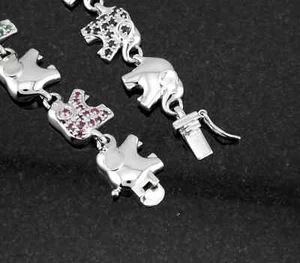 Stunning Sterling Silver 925 Ruby, Emerald & Sapphire Elephant Link Bracelet - Picture 1 of 8