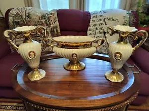 C.A.L. Italien Lucca Kaminsims Vase 3 tlg Set Keramik Vintage 50er Goldrand Kamee - Bild 1 von 14