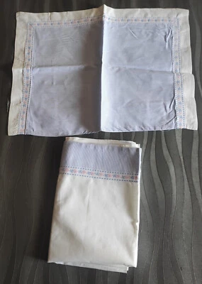 Ancienne parure de lit , berceau ou landau  bébe rayures bleu  galon brodé - Photo 1/4