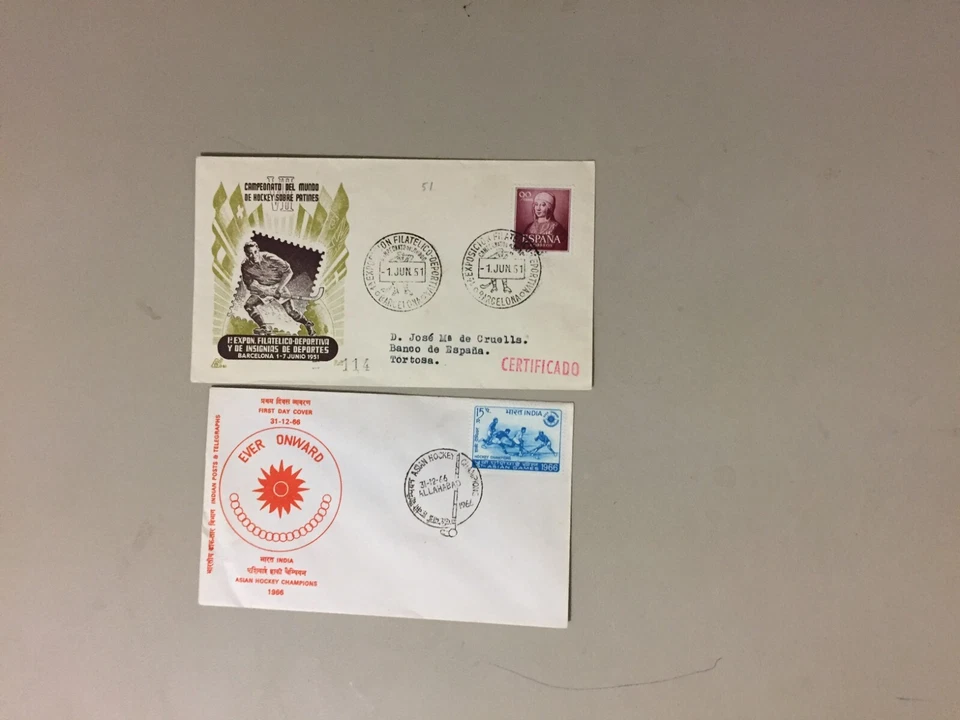 Two  HOCKEY on GRASS covers:Spain registered sp cover,India fdc - Image 1 of 1