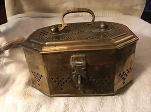 Large Vintage Pierced Brass Potpourri Box Hinged Lid Handle Latch Cricket Cage - Picture 1 of 7