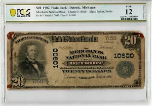 1902 $20 Fr.657 PLAIN BACK NOTE Merchants National Bank Detroit MI PCGS F12 5324 - Picture 1 of 2