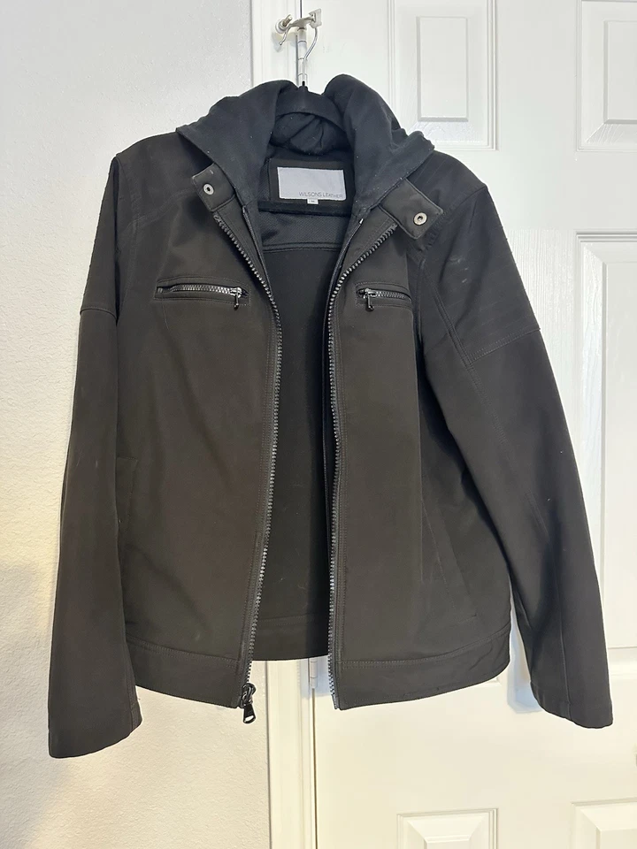 Chaqueta impermeable de cuero Wilsons para hombre mediana negra capucha extraíble cremallera completa Foto 1 de 4
