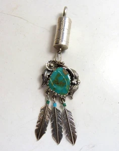 Vintage Navajo Les Baker Sterling Silver & Turquoise Feather Pendant Estate Find - Picture 1 of 13