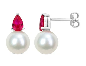 8.5-9mm Cultured Freshwater Pearl Earrings with Lab-Created Rubies Silver - Picture 1 of 5